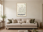 Roseworth Street Map Poster at A1, in a natural wood frame, in a sitting room