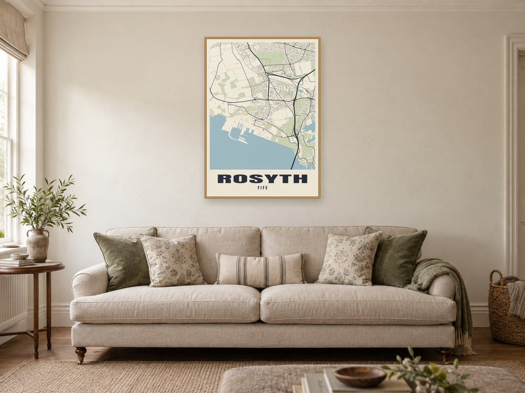 Rosyth Street Map Poster at A1, in a natural wood frame, in a sitting room