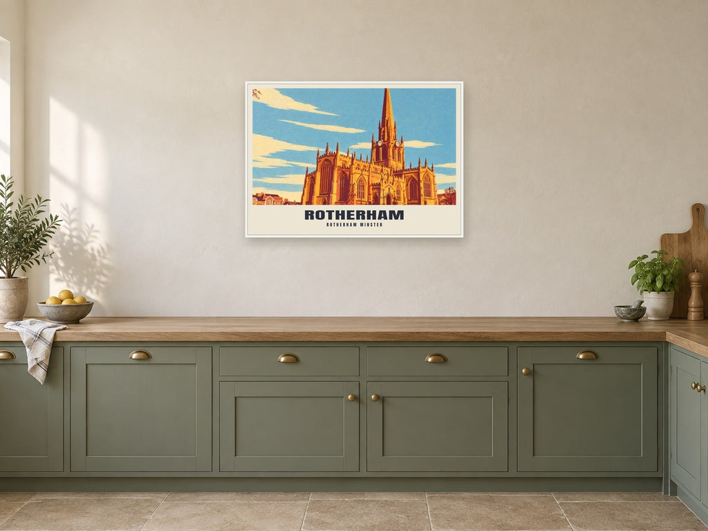 Rotherham Minster Poster at A1, in a white frame, in a kitchen