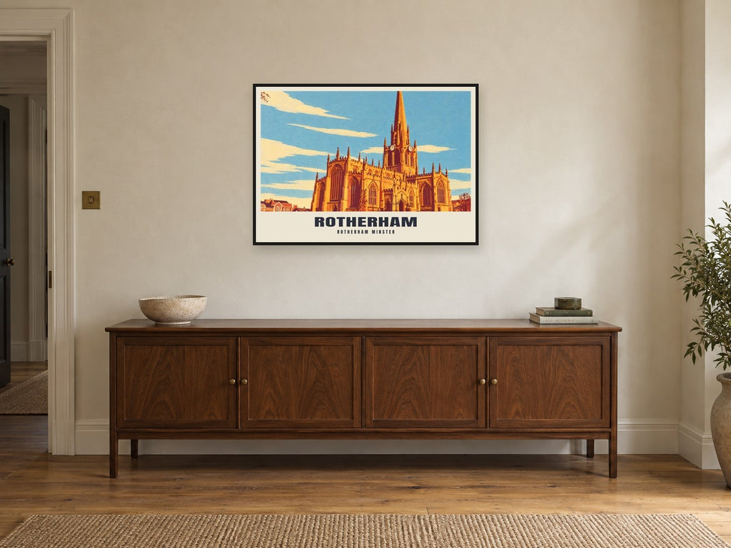 Rotherham Minster Poster at A1, in a black frame, above a sideboard