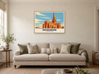 Rotherham Minster Poster at A1, in a natural wood frame, in a sitting room