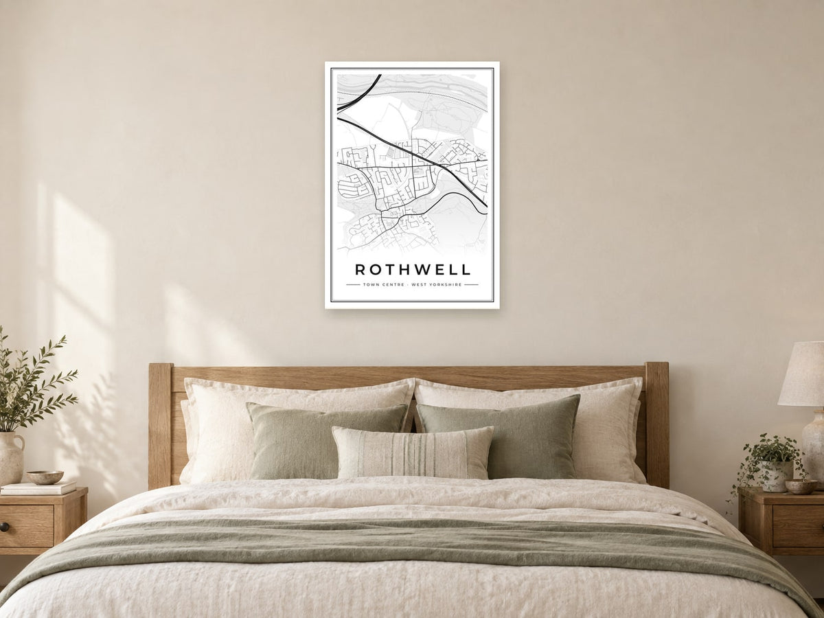 Rothwell Town Centre Street Map Poster at A1, as a poster, above a bed