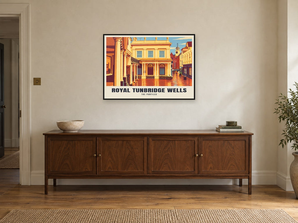 The Pantiles, Royal Tunbridge Wells Poster at A1, in a black frame, above a sideboard