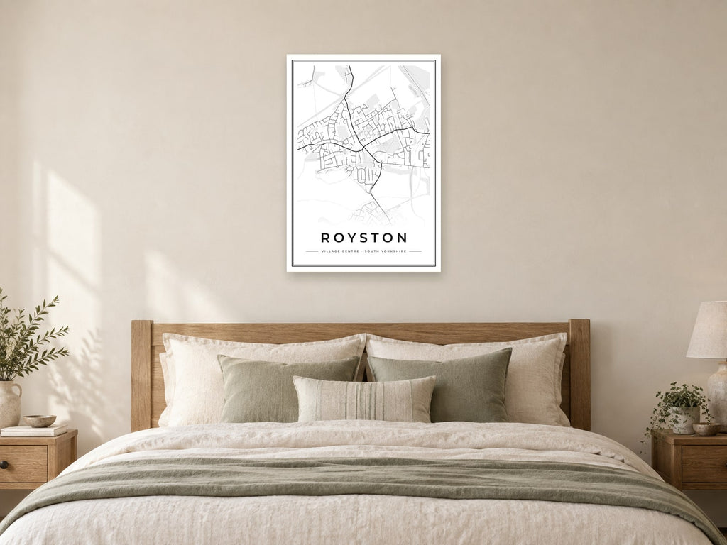 Royston Village Centre Street Map Poster at A1, as a poster, above a bed