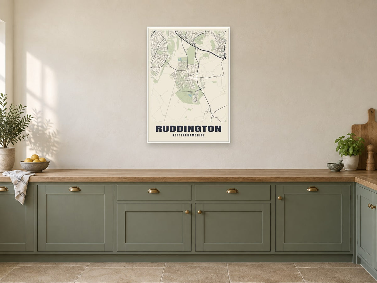 Ruddington Street Map Poster at A1, in a white frame, in a kitchen