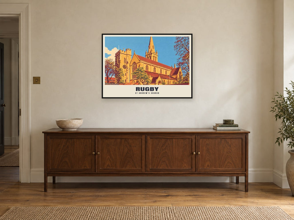 St Andrew's Church, Rugby Poster at A1, in a black frame, above a sideboard