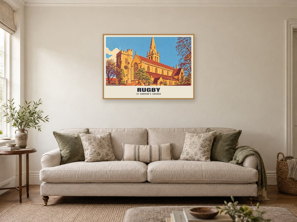 St Andrew's Church, Rugby Poster at A1, in a natural wood frame, in a sitting room