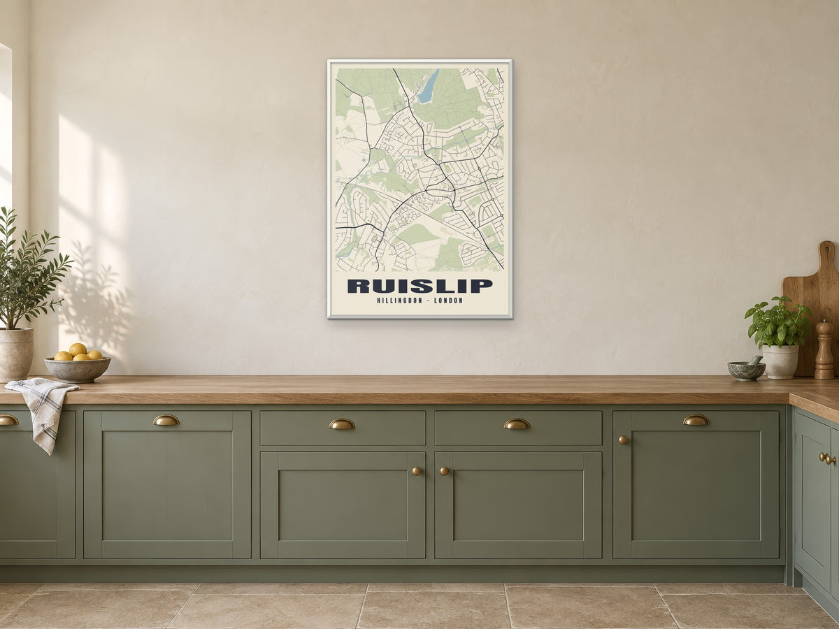 Ruislip Heritage Street Map Poster at A1, in a white frame, in a kitchen