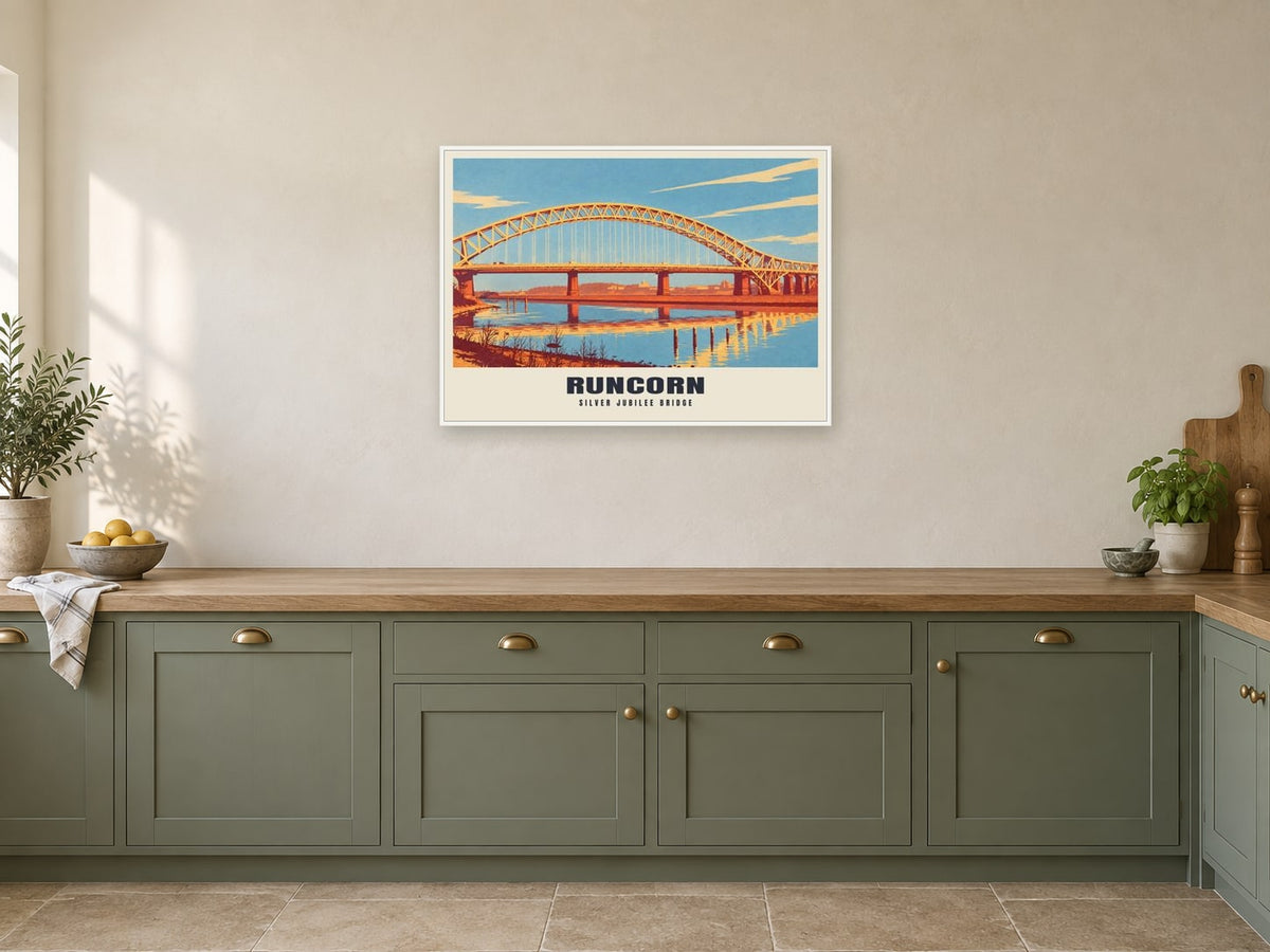 Silver Jubilee Bridge, Runcorn Poster at A1, in a white frame, in a kitchen