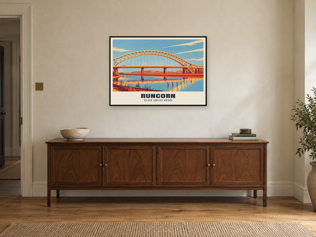 Silver Jubilee Bridge, Runcorn Poster at A1, in a black frame, above a sideboard