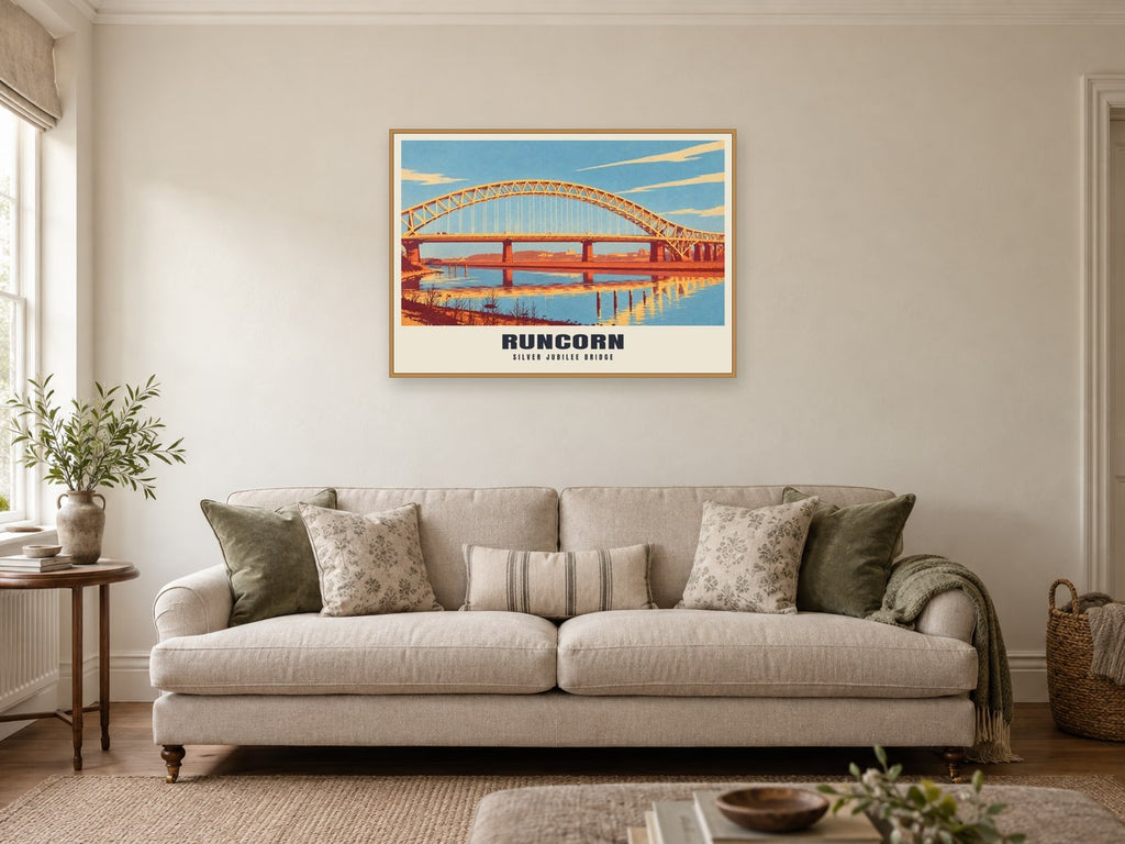 Silver Jubilee Bridge, Runcorn Poster at A1, in a natural wood frame, in a sitting room