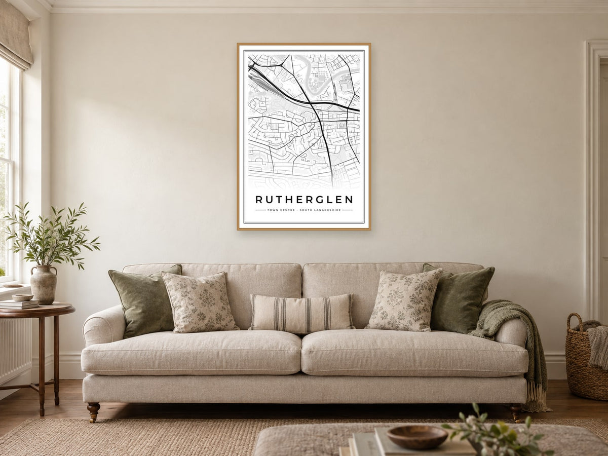 Rutherglen Town Centre Street Map Poster at A1, in a natural wood frame, in a sitting room
