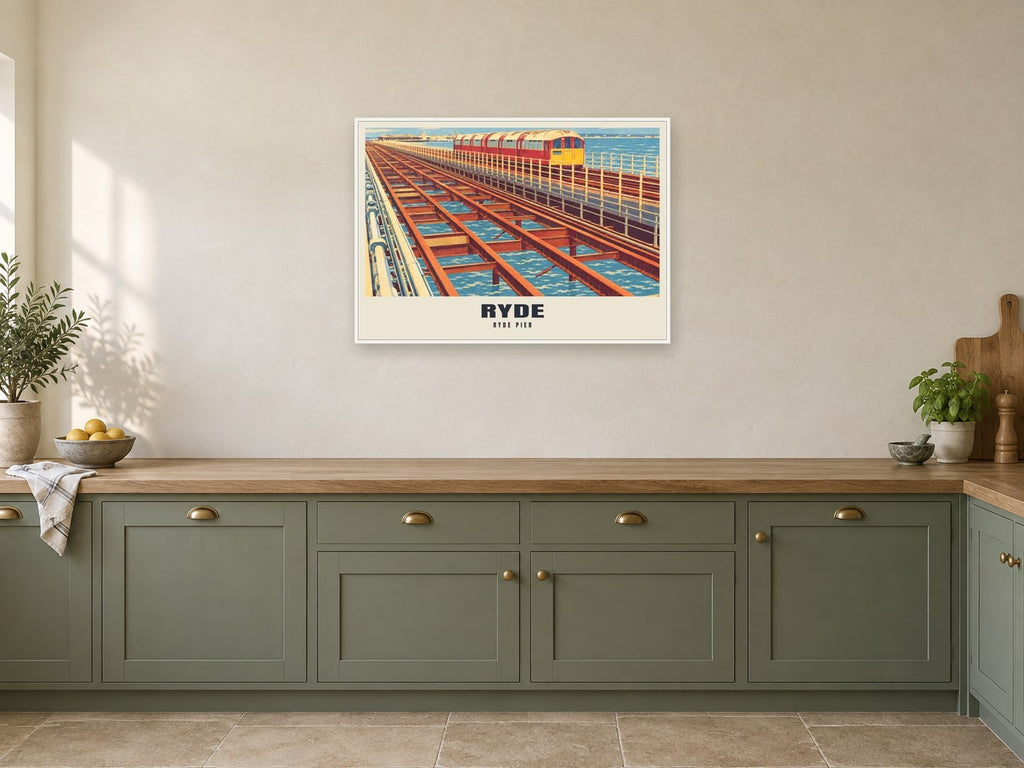 Ryde Pier Poster at A1, in a white frame, in a kitchen