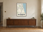 Ryhope Street Map Poster at A1, in a black frame, above a sideboard
