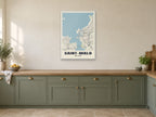 Saint-Malo Street Map Poster at A1, in a white frame, in a kitchen