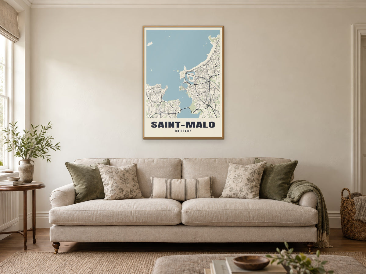 Saint-Malo Street Map Poster at A1, in a natural wood frame, in a sitting room