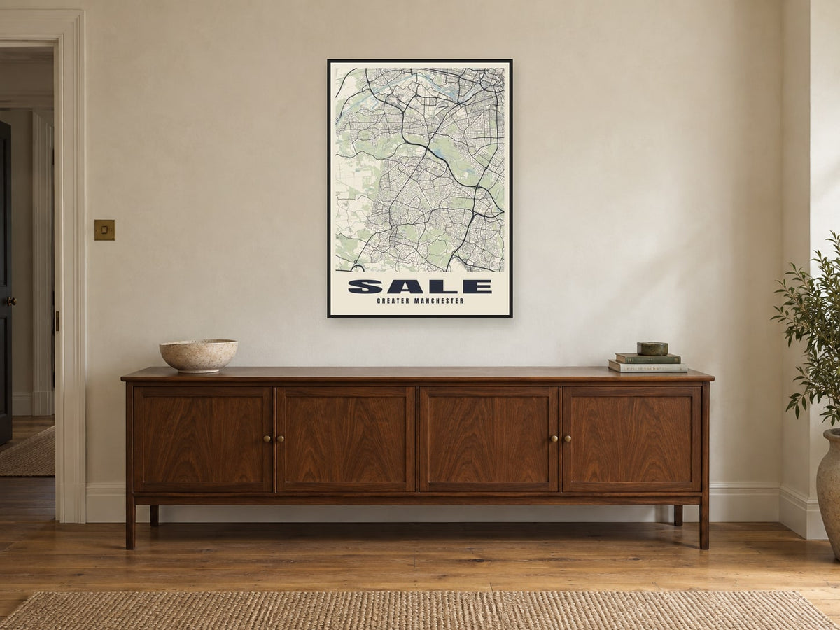 Sale Street Map Poster at A1, in a black frame, above a sideboard