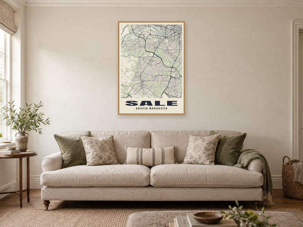Sale Street Map Poster at A1, in a natural wood frame, in a sitting room