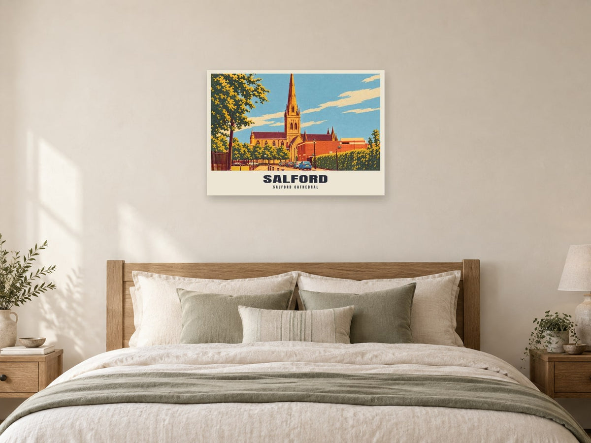 Salford Cathedral Poster at A1, as a poster, above a bed