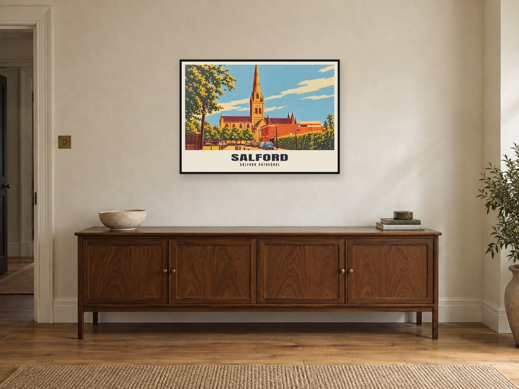 Salford Cathedral Poster at A1, in a black frame, above a sideboard