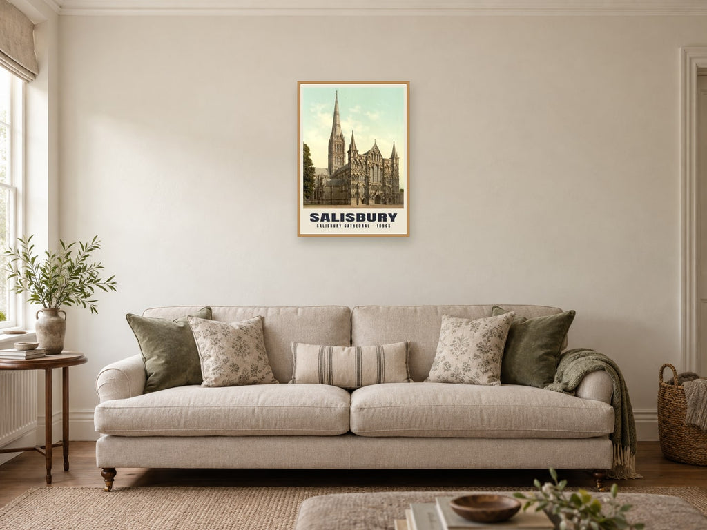 Salisbury Cathedral, 1890s Heritage Print at A2, in a natural wood frame, in a sitting room