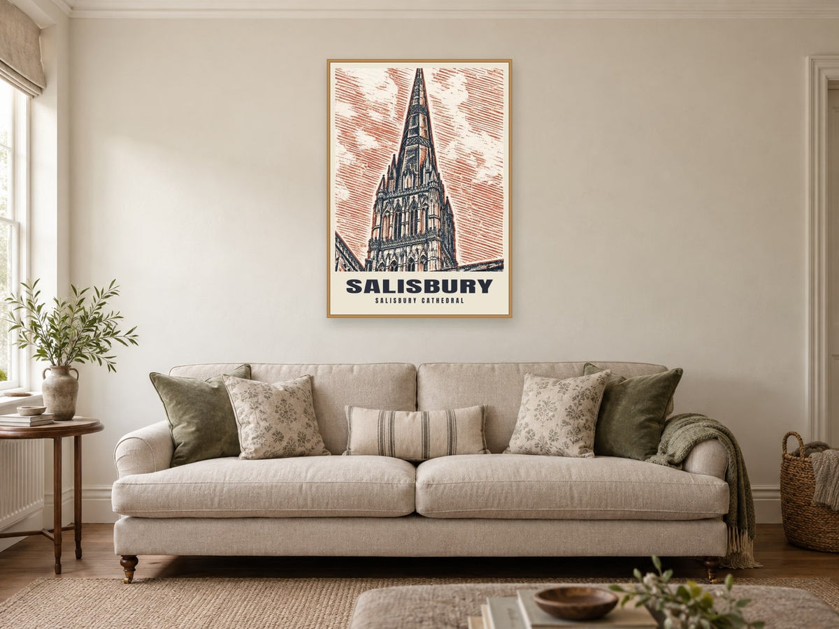 Salisbury Cathedral Poster at A1, in a natural wood frame, in a sitting room