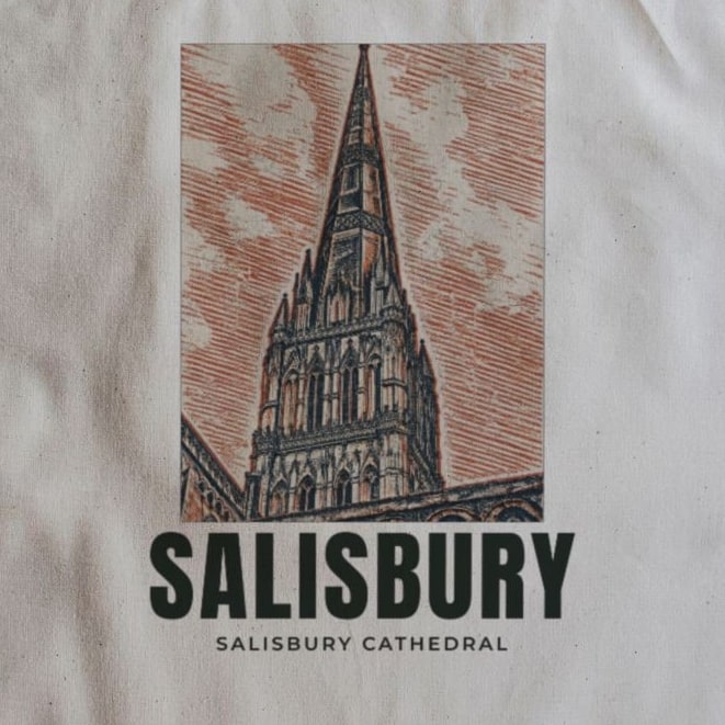 Close-up of the Salisbury Cathedral drawing and lettering printed on natural cotton