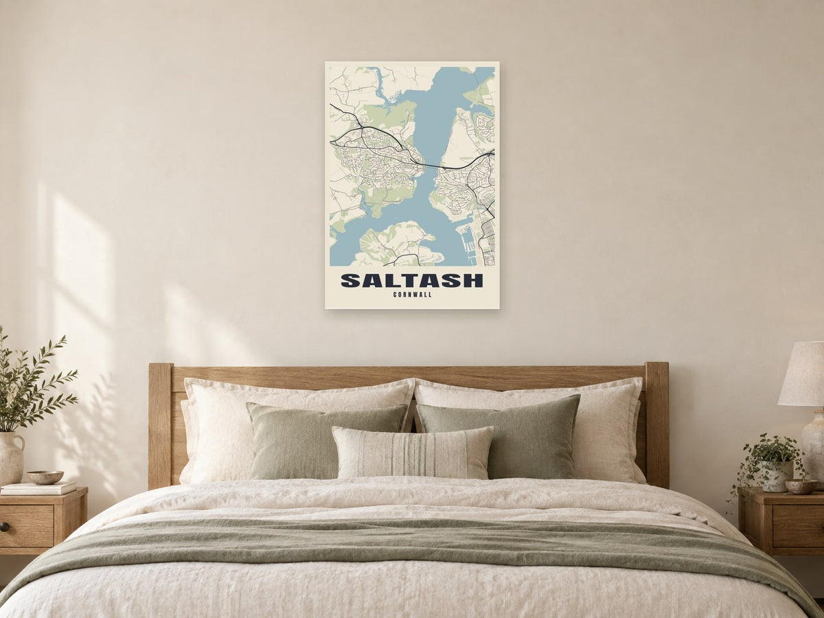 Saltash Street Map Poster at A1, as a poster, above a bed