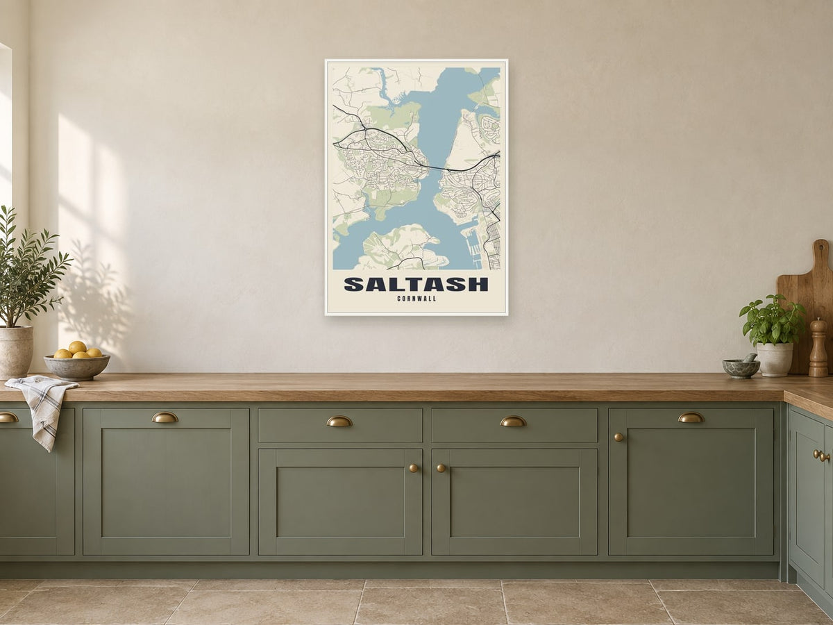 Saltash Street Map Poster at A1, in a white frame, in a kitchen
