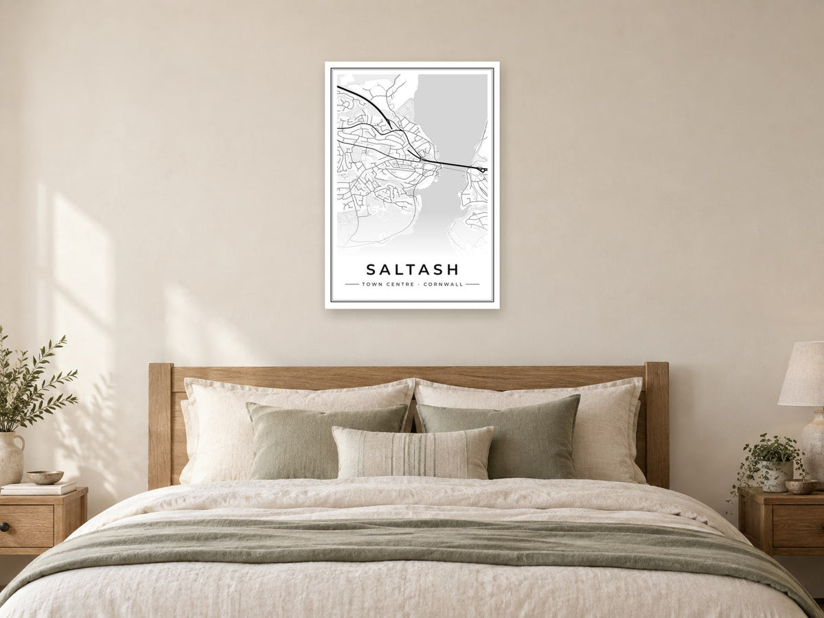 Saltash Town Centre Street Map Poster at A1, as a poster, above a bed