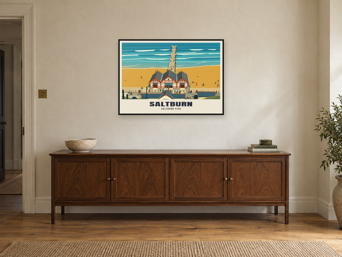 Saltburn Pier Poster at A1, in a black frame, above a sideboard