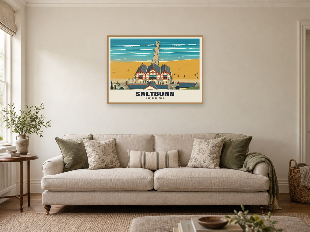 Saltburn Pier Poster at A1, in a natural wood frame, in a sitting room