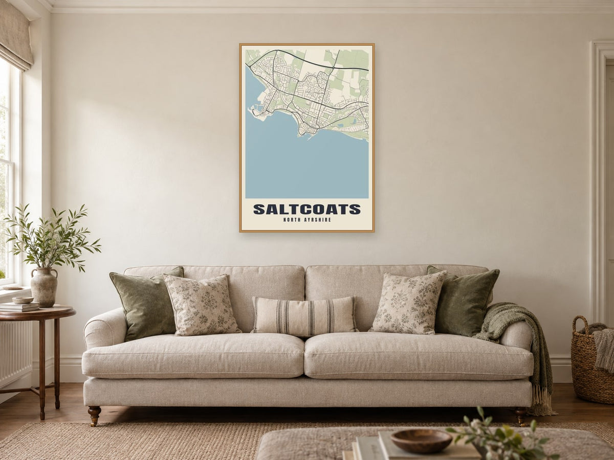 Saltcoats Street Map Poster at A1, in a natural wood frame, in a sitting room