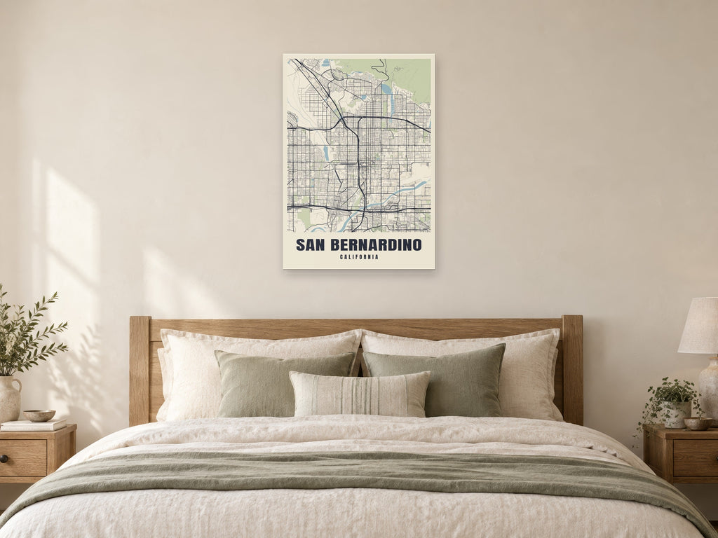 San Bernardino Street Map Poster at A1, as a poster, above a bed