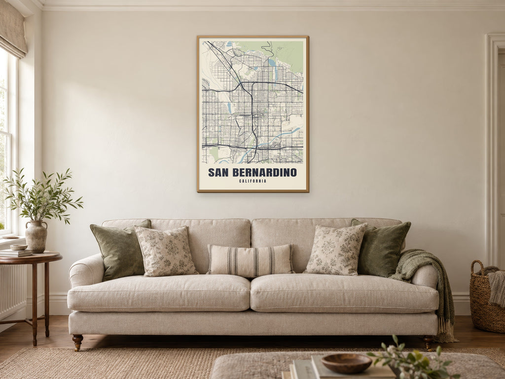 San Bernardino Street Map Poster at A1, in a natural wood frame, in a sitting room
