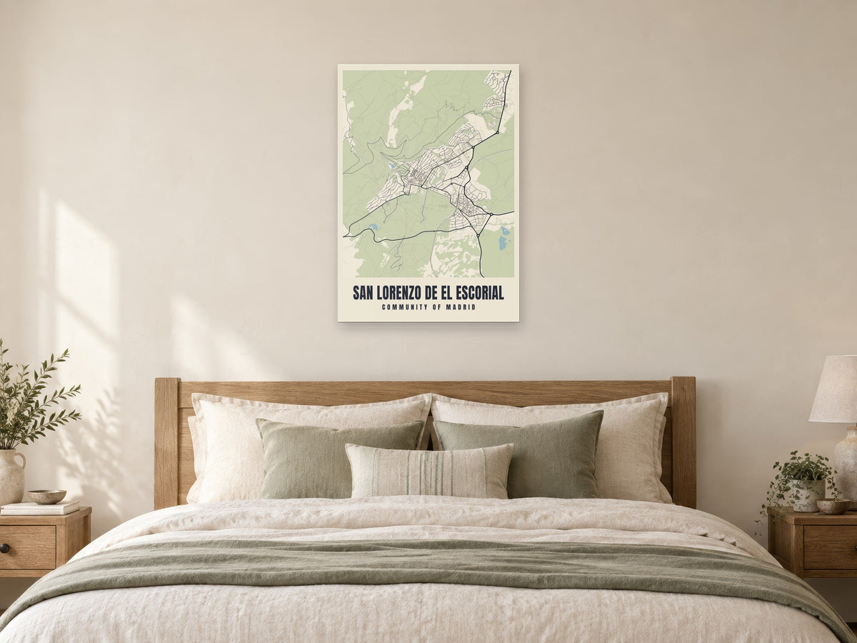 San Lorenzo de El Escorial Street Map Poster at A1, as a poster, above a bed