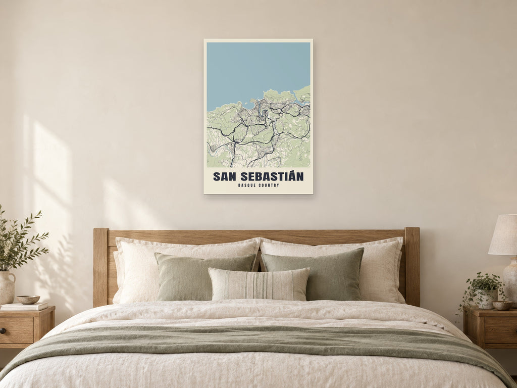 San Sebastián Street Map Poster at A1, as a poster, above a bed