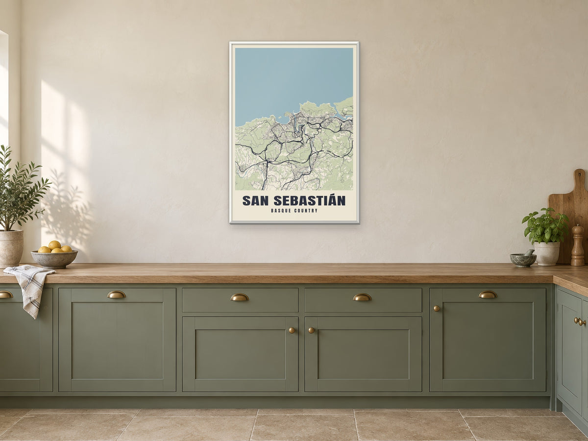 San Sebastián Street Map Poster at A1, in a white frame, in a kitchen