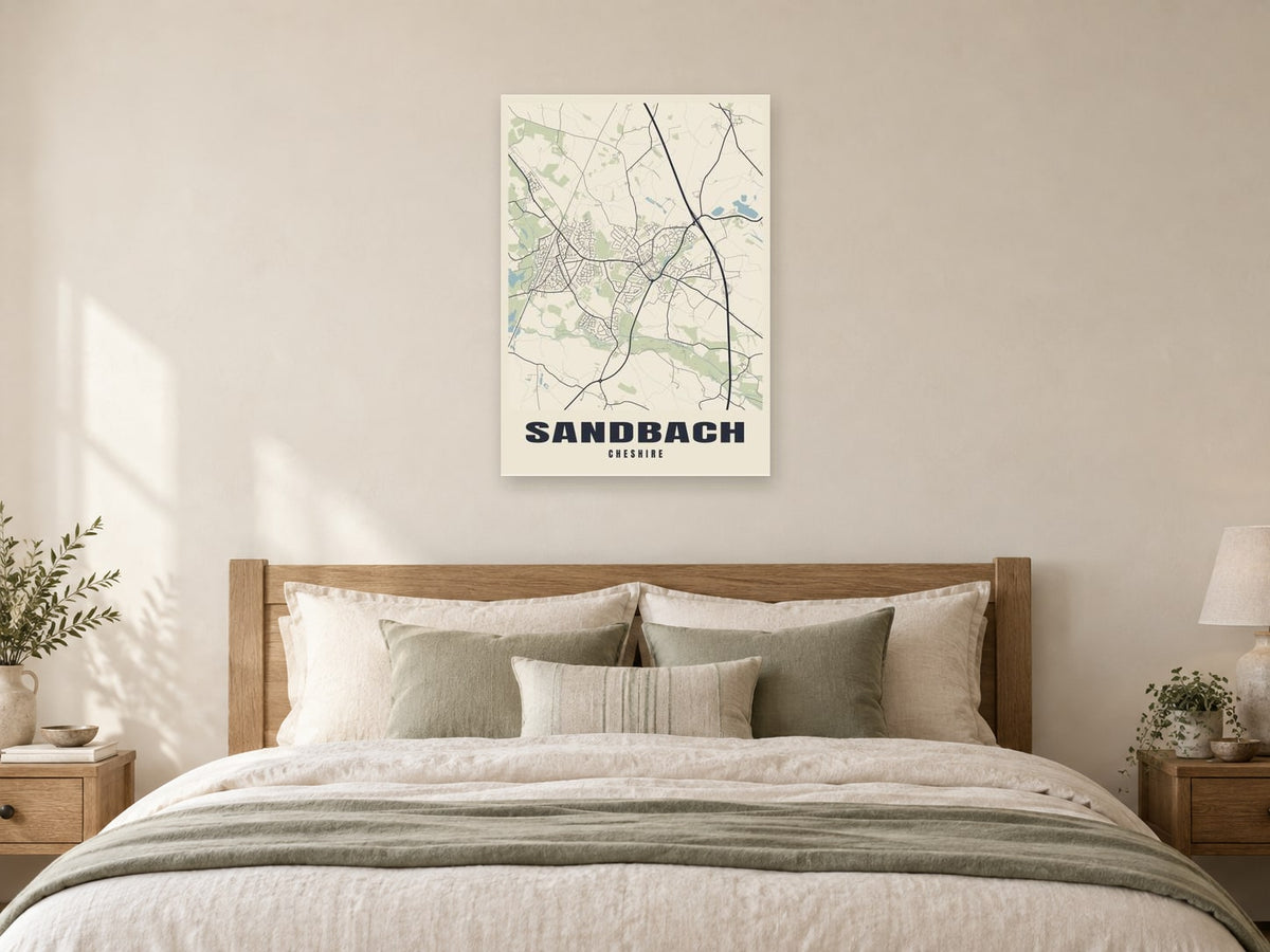 Sandbach Street Map Poster at A1, as a poster, above a bed