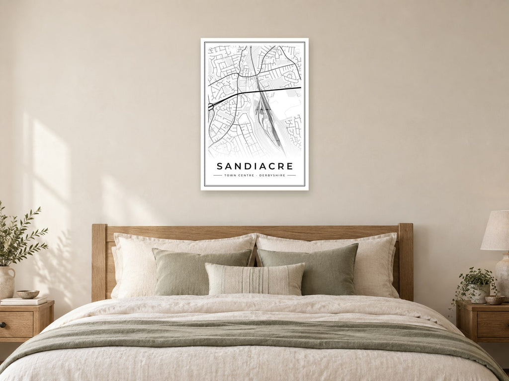 Sandiacre Town Centre Street Map Poster at A1, as a poster, above a bed