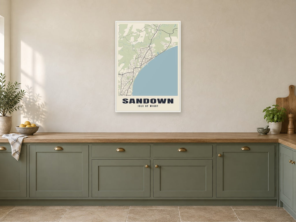 Sandown Street Map Poster at A1, in a white frame, in a kitchen