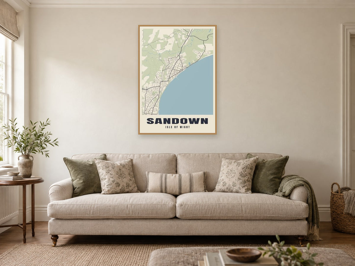 Sandown Street Map Poster at A1, in a natural wood frame, in a sitting room