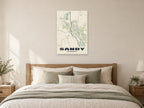 Sandy Street Map Poster at A1, as a poster, above a bed