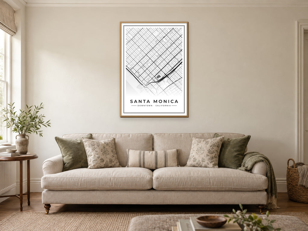Santa Monica Downtown Street Map Poster at A1, in a natural wood frame, in a sitting room