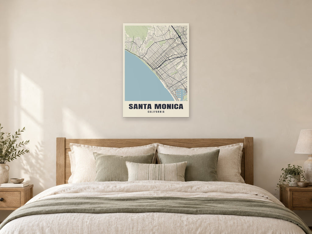 Santa Monica Street Map Poster at A1, as a poster, above a bed