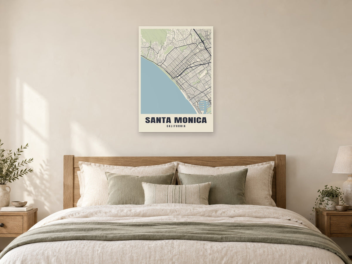 Santa Monica Street Map Poster at A1, as a poster, above a bed