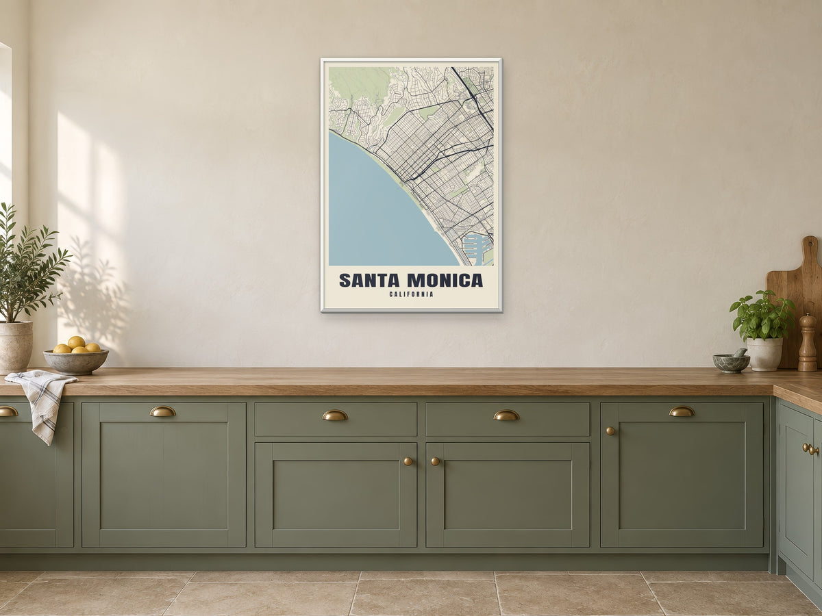 Santa Monica Street Map Poster at A1, in a white frame, in a kitchen