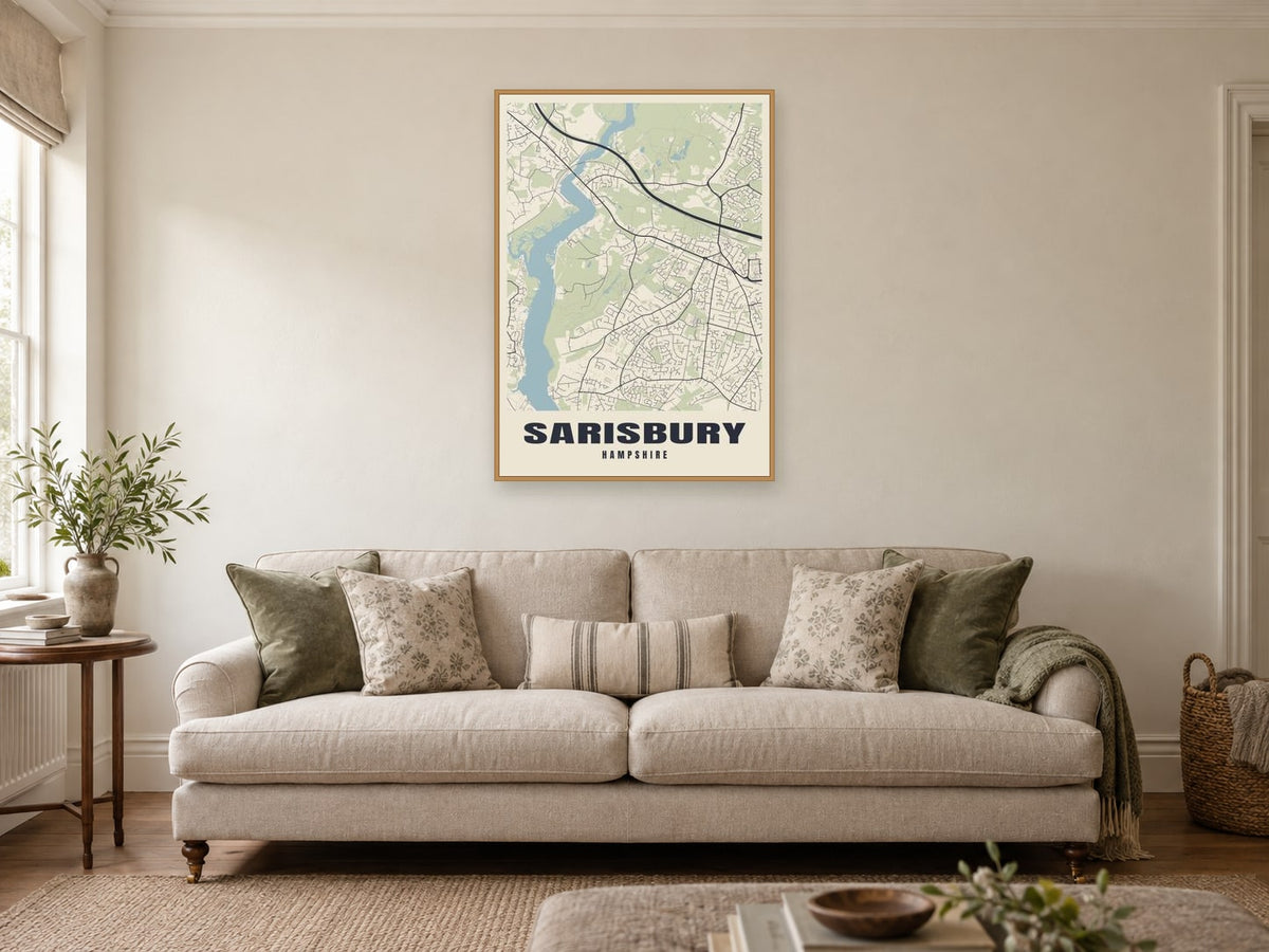 Sarisbury Street Map Poster at A1, in a natural wood frame, in a sitting room