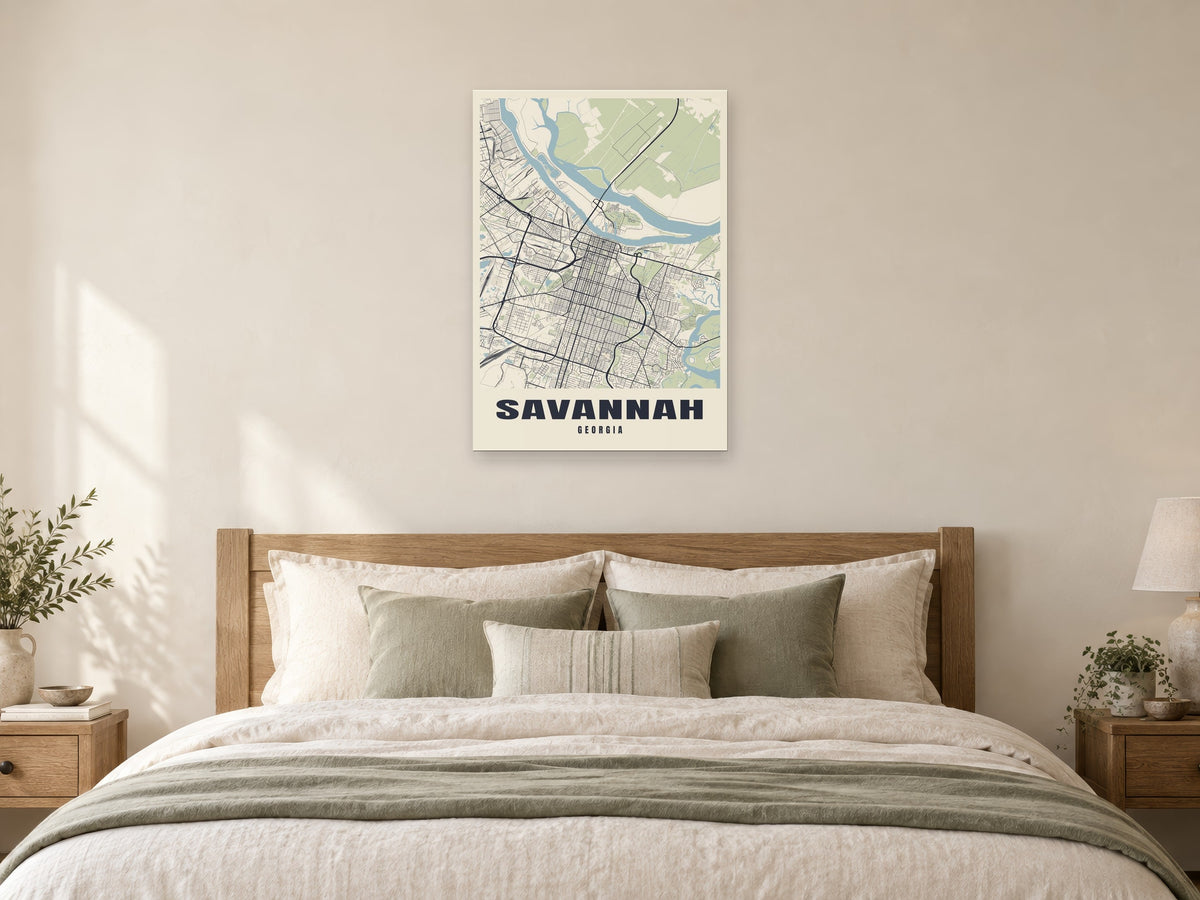 Savannah Street Map Poster at A1, as a poster, above a bed