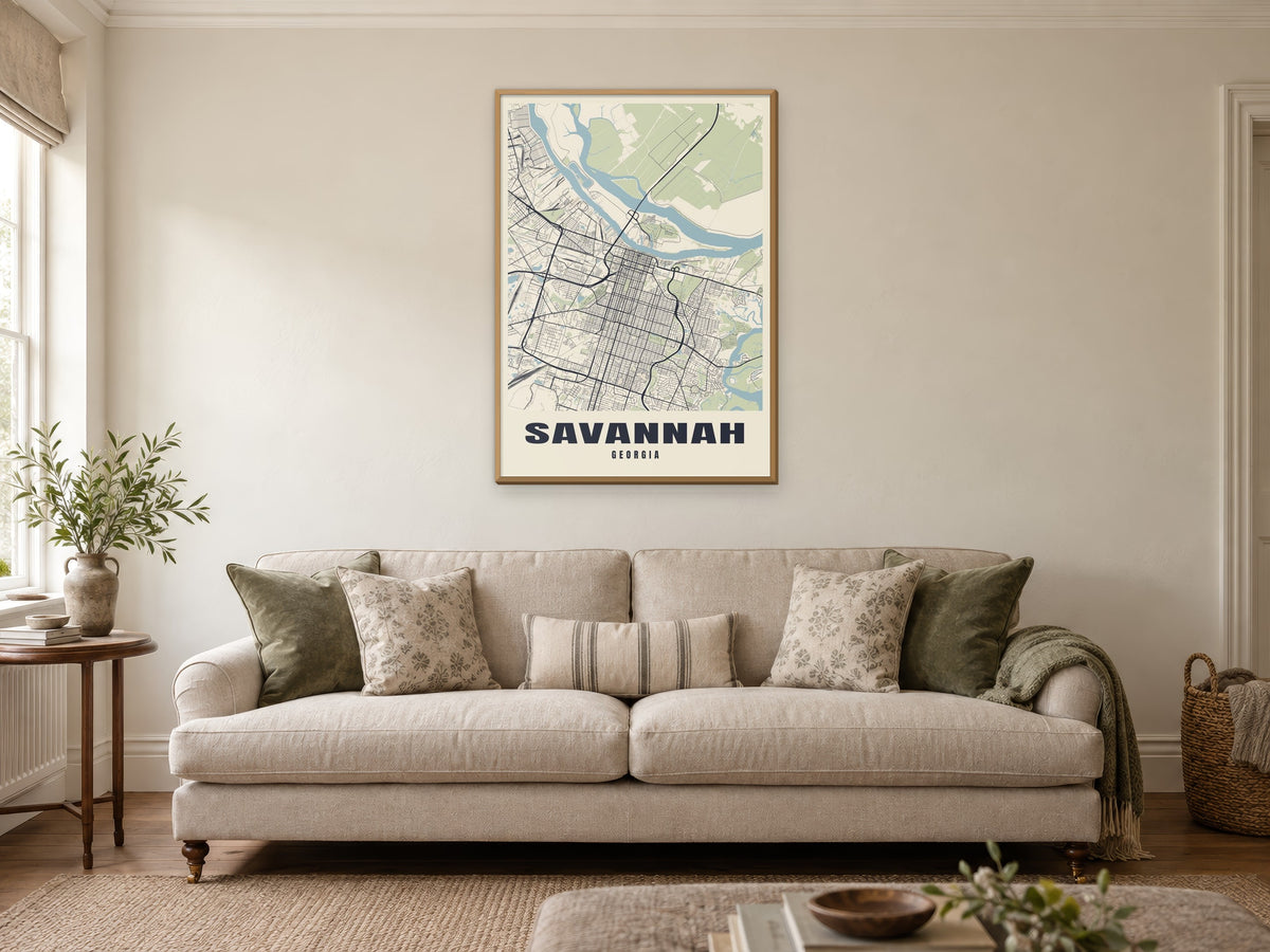Savannah Street Map Poster at A1, in a natural wood frame, in a sitting room